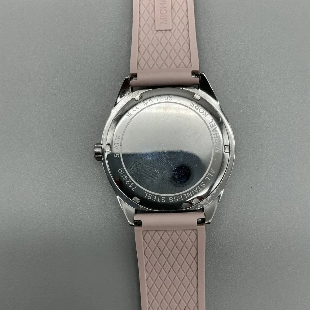 Michael Kors Womens Watch 40mm Silver Tone Pink Crystals Day Date Silicone Band